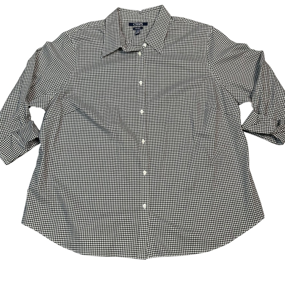 Chaps Womens 2X Black White Gingham No Iron Cotton Button Down Shirt Long Sleeve